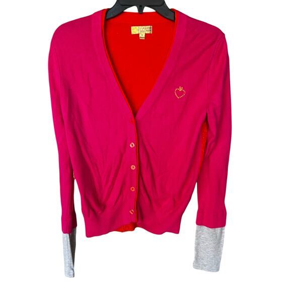 PRINCESS VERA WANG pink gray metallic orange logo heart cropped cardigan sz M - Picture 1 of 9